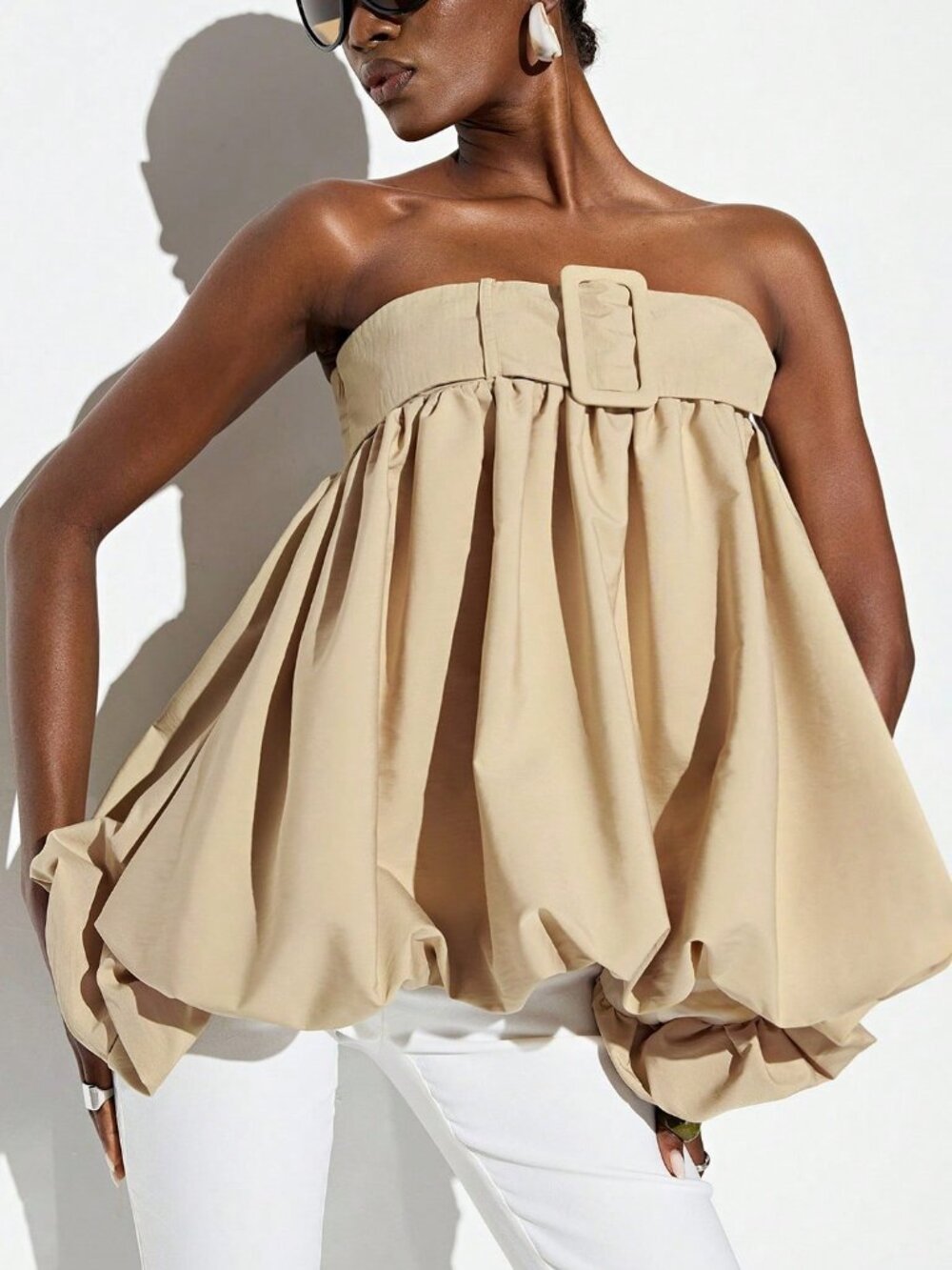 Khaki Casual Women's Strapless Belt Buckle Voluminous Balloon Hem Top - Picture 7 of 7